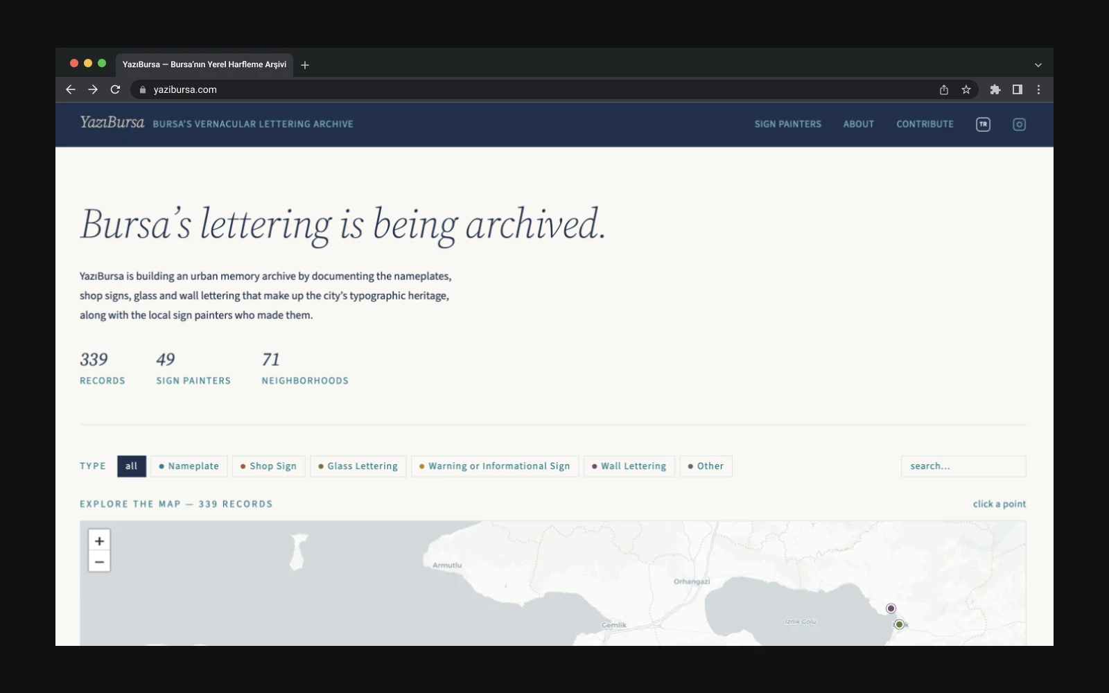 YazıBursa digital archive interface documenting Bursa's vernacular typography