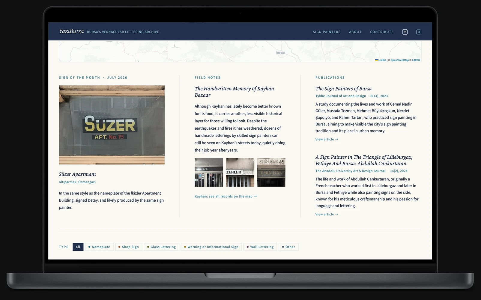 Editorial section featuring a highlighted sign, field notes and publications